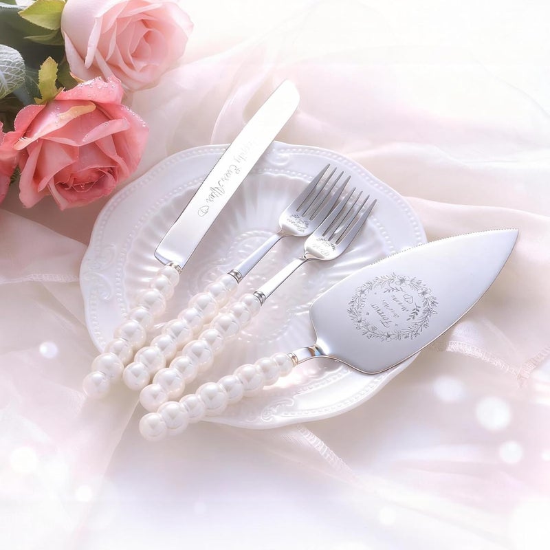 kingump 4 Piece Wedding Cake Cutting Set, Knife and Server with Forks, Elegant Wedding Cake Knife and Server Set for Bride and Groom(Pearl Handle Silver) - Image 5